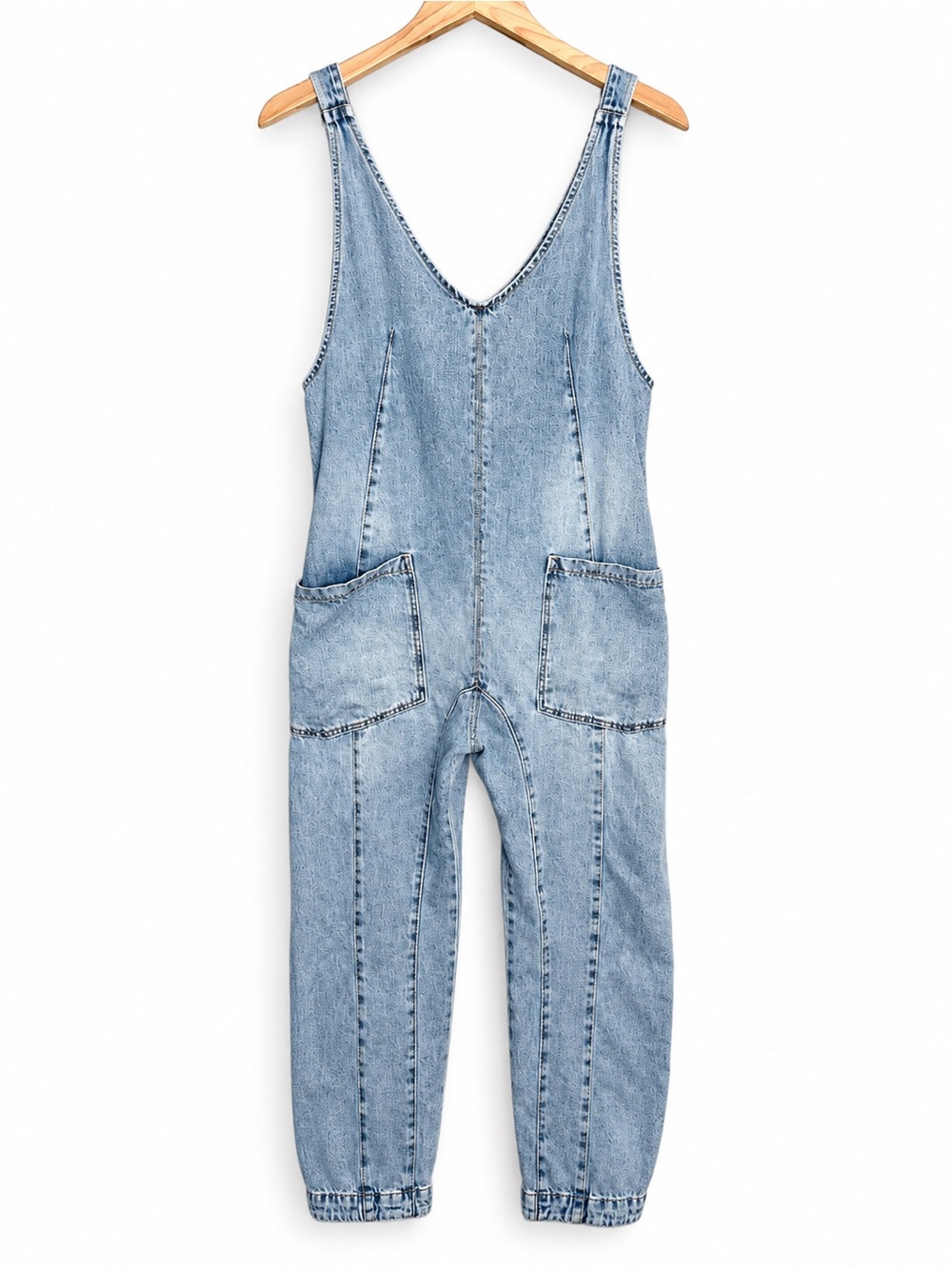 Free People We The Free High Roller Denim Jumpsuit Light Wash Size M